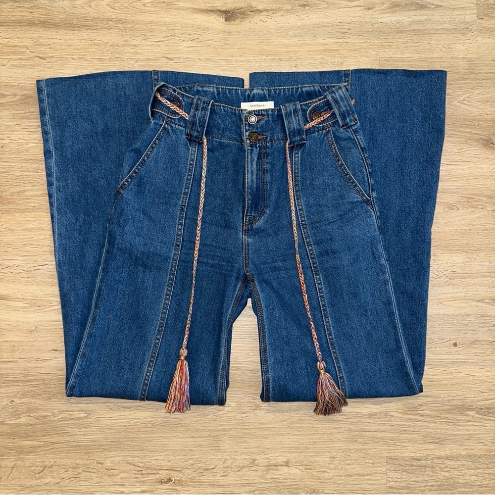 Zimmermann Indigo Bootcut Jeans with Braided Colorful Belt